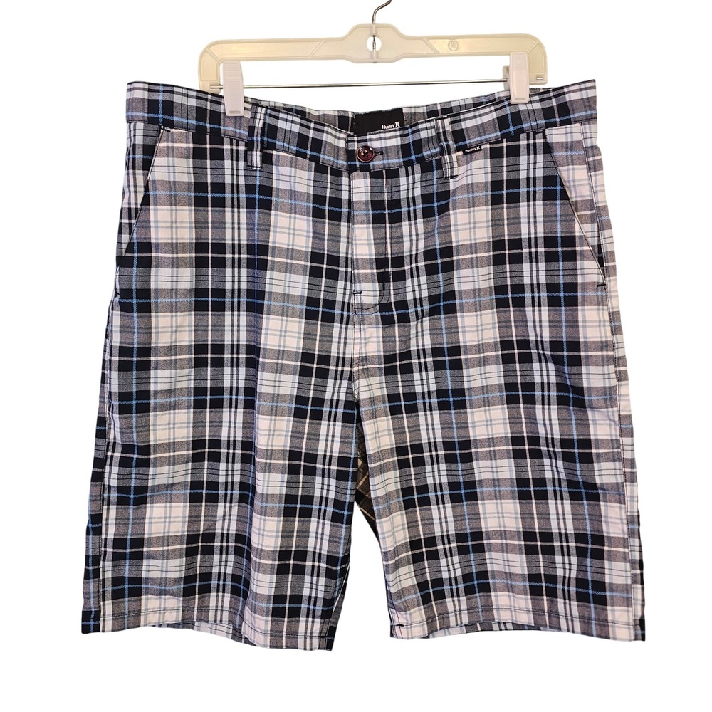 Hurley Plaid Shorts Mens‎ 36 Gray Black Blue Flat Front Casual Skate Y2K Street